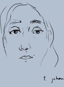 A minimalistic line drawing of a persons face on a light blue background, featuring expressive eyes and subtle facial details. Inspired by the t jahan interview, the signature t. jahan appears in the bottom right corner.