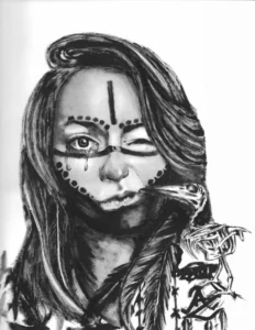 Black and white illustration of a woman with tears in one eye, black markings on her face, and a skeleton of a bird on her shoulder