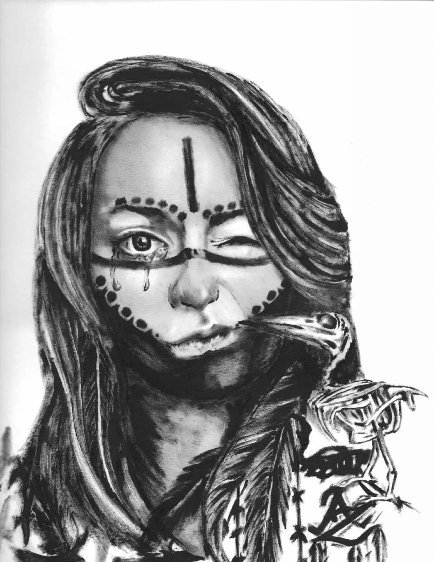 A black-and-white drawing of a woman with facial markings, inspired by Amy Bishop Anderson, features a vertical line on her forehead, dotted lines across her face, one eye closed, a tear beneath one eye, and a bird with a feather near her lips.