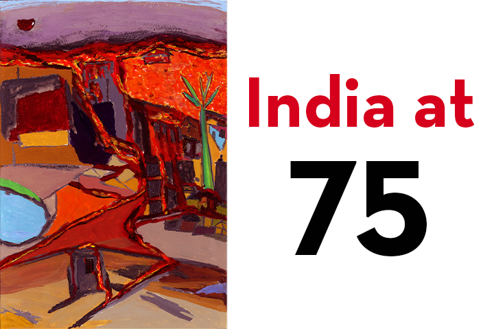 Abstract painting with vibrant red, orange, and brown colors on the left; bold text on the right reads India at 75 in red and black on a white background, celebrating India at 75 independence and marking 75 years of freedom.