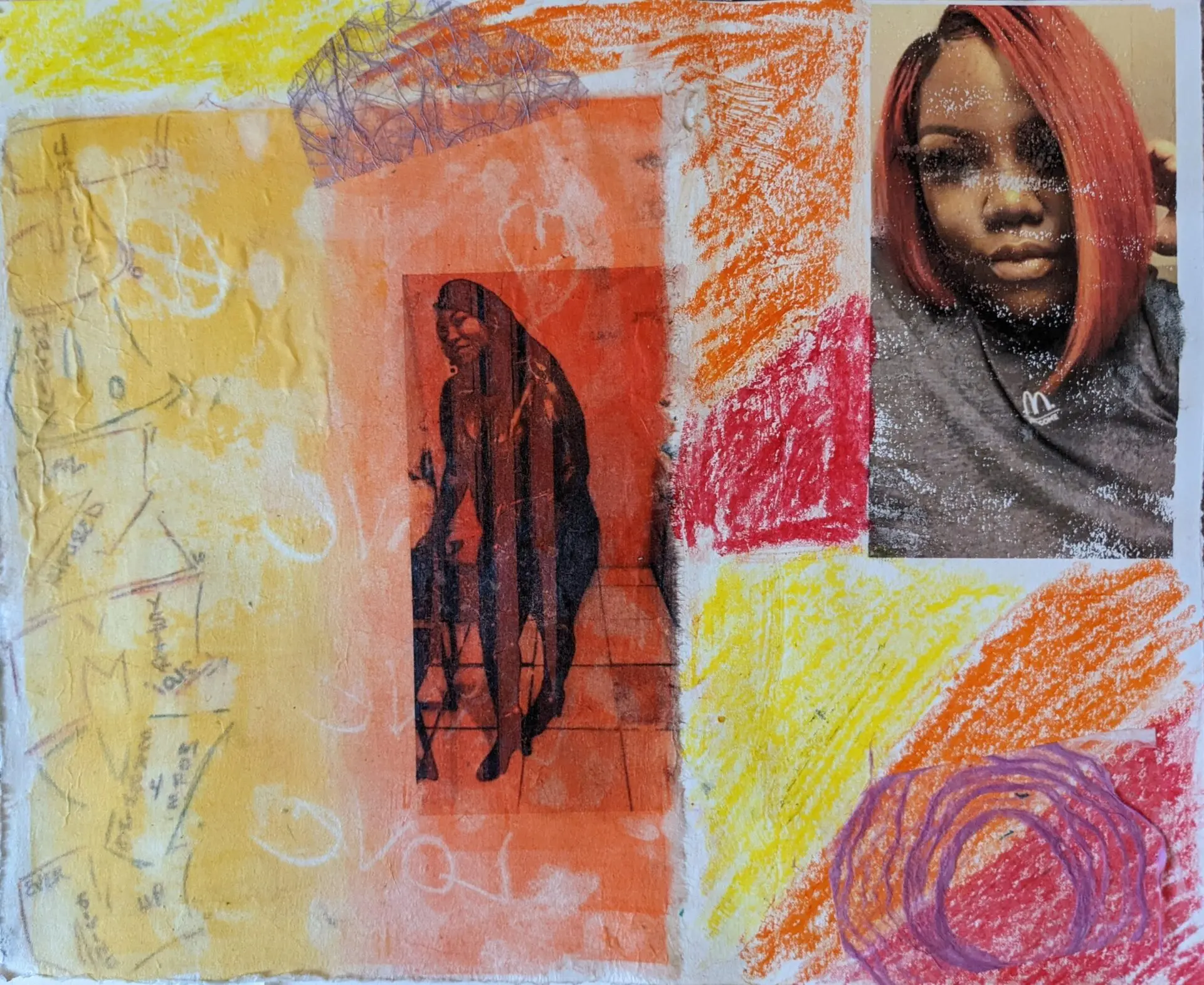 A mixed-media collage with colorful crayon markings, a black-and-white photo of a woman on a stool, and a color photo of a woman with straight red hair. Geometric shapes and scribbles evoke the energy of prison writing in America.