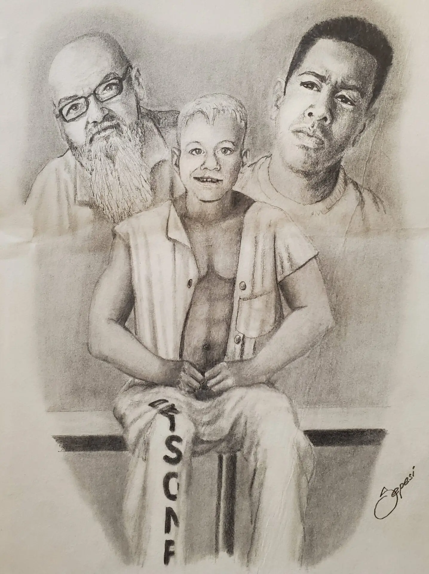 A pencil drawing shows a young person sitting on a bench in a sleeveless outfit labeled LOSCYF, with two older men, one bearded and wearing glasses, and one clean-shaven, looking on from behind—evoking the style of James Michael Anderson.