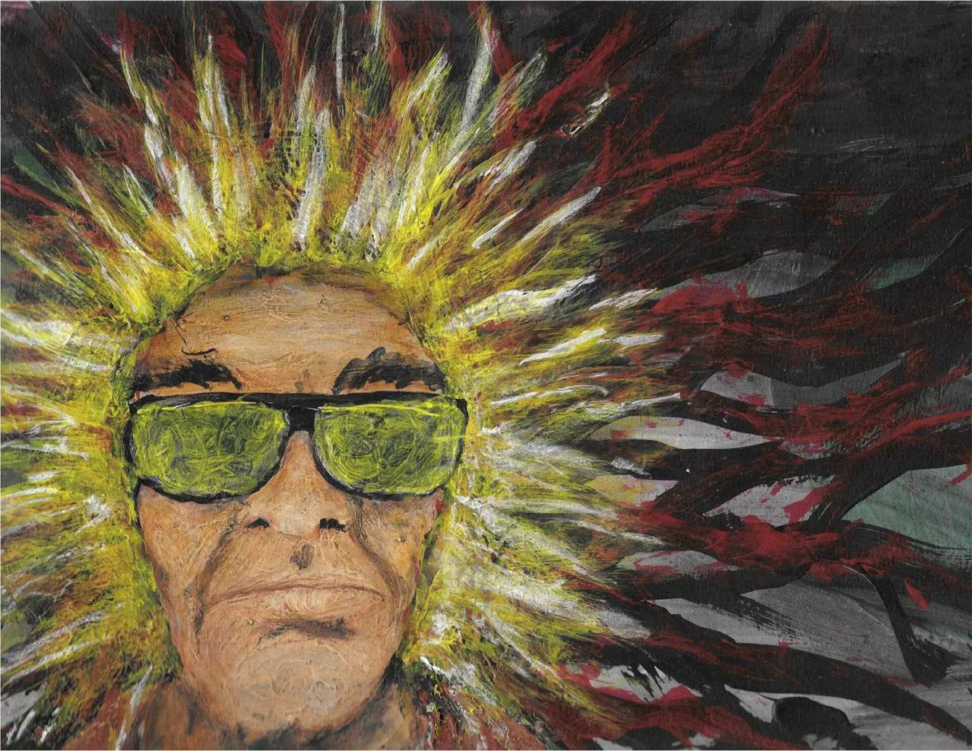 A man in sunglasses has a jagged yellow halo around his head while the rest of the background is overcome by a tangle of black and red lines