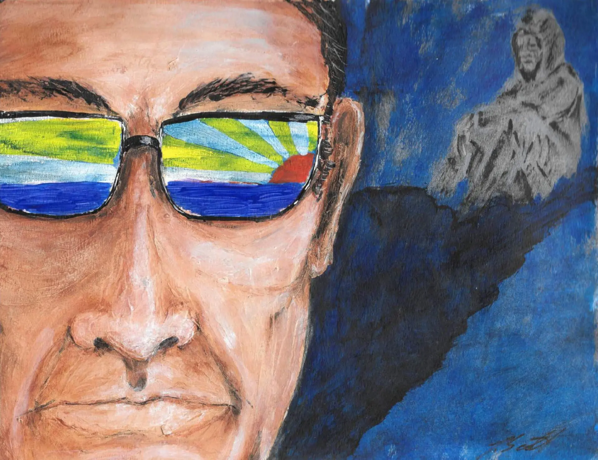 A man has a rising sun over the horizon reflected in his sunglasses while a grey man in a hoodie sits dejectedly in the corner of the shadow behind him