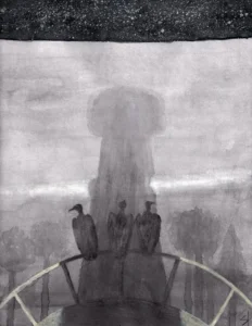 Three silhouettes stand at the edge of a railing in the shadow of a tower. In the top strip of the image there is a dark starry sky.