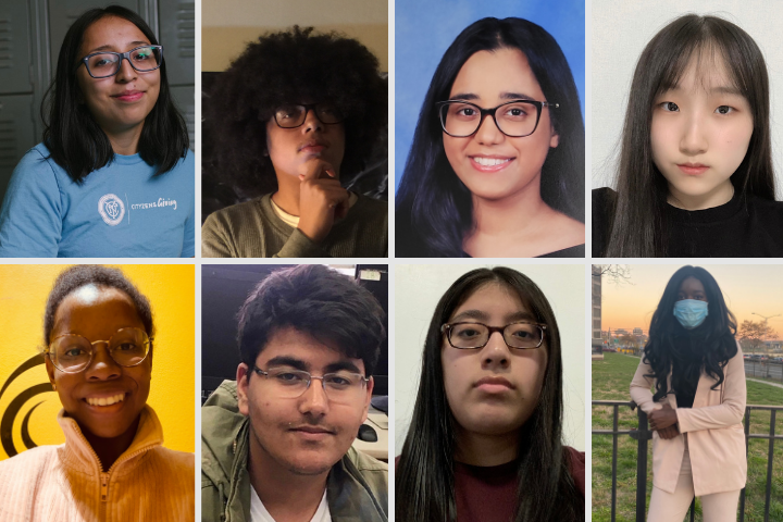 A collage of eight diverse young people, each photographed individually for a Rampage student staff interview. Some are smiling, some have neutral expressions, and one wears a mask. Backgrounds range from indoor settings to an outdoor park scene.