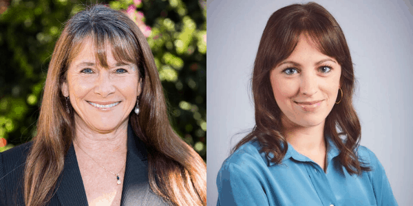 Two women are pictured side by side; the woman on the left, involved in works of justice, has long brown hair and wears a dark blazer, while the woman on the right has shoulder-length brown hair and is in a light blue blouse.