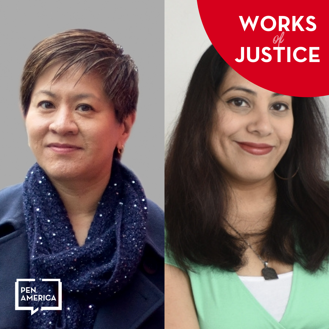 Split image features two women: left, a woman with short hair in a blue scarf and coat; right, a woman with long dark hair in a light green top. PEN America and Works of Justice logos highlight prison journalism.