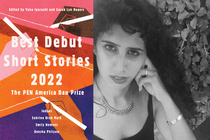 The image is split: on the left is the colorful cover of “Best Debut Short Stories 2022: The PEN America Dau Prize;” on the right is a black and white photo of a woman with curly hair, featured in a PEN Short Story Prize Winner Q/A, resting her chin on her hand.