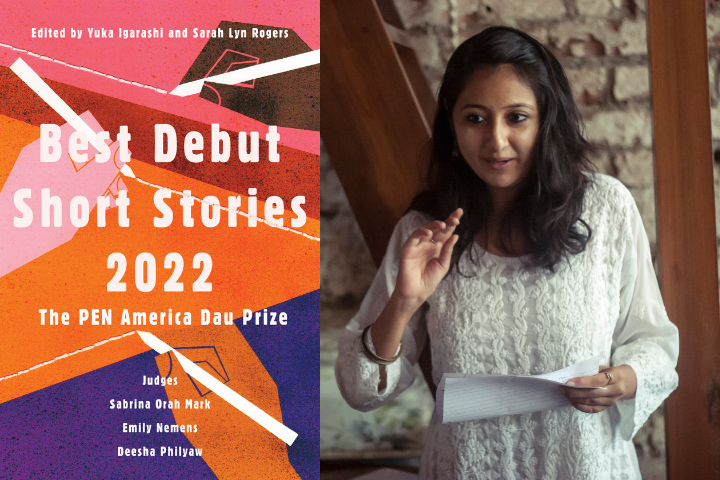 On the left, the colorful cover of “Best Debut Short Stories 2022: The PEN America Dau Prize.” On the right, a PEN Short Story Prize Winner Q/A unfolds as a woman in white gestures while speaking by a brick wall and wooden staircase.