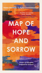 Book cover for Map of Hope and Sorrow, featuring bold white text over an abstract background of red, orange, and purple shapes—reflecting the journeys within Map of Hope and Sorrow: Stories of Refugees Trapped in Greece.