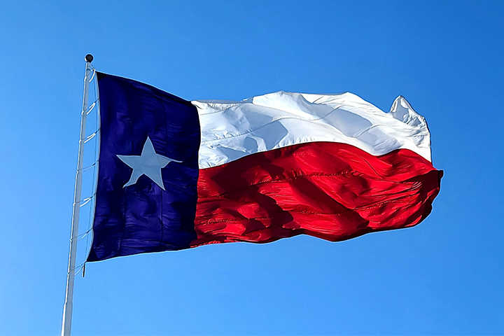 The Texas state flag waves in the wind against a clear blue sky, as debates like the Texas book ban unfold, featuring a vertical blue stripe with a white star, and horizontal white and red stripes.