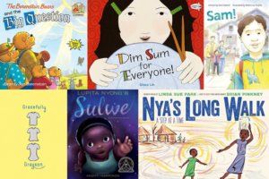 A collage of six diverse children’s book covers, including titles like The Berenstain Bears and the Big Question and Gracefully Grayson—some of which have appeared on banned books lists in Florida.