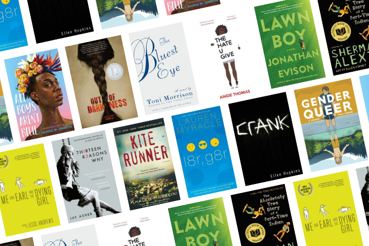 A collage of book covers from the Banned-book-list-2022, featuring titles like The Bluest Eye, Gender Queer, Crank, Thirteen Reasons Why, Lawn Boy, and The Hate U Give, arranged in a diagonal pattern.