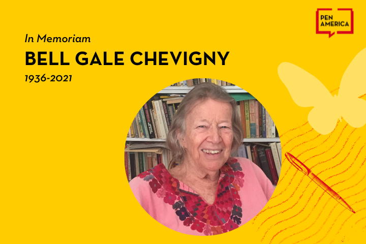 Memorial image for Bell Gale Chevigny (1936-2021) showing Bell Gale Chevigny smiling before bookshelves, set against a yellow background with a butterfly graphic and the PEN America logo.