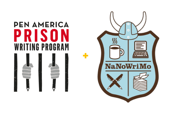 Logos for PEN America Prison Writing Program (hands gripping prison bars made of pencils) and NaNoWriMo 2021 (blue shield with Viking helmet, coffee mug, laptop, pens, and stack of paper), separated by a plus sign.