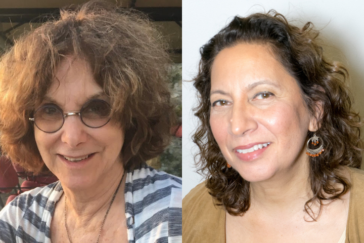 Side-by-side portraits of two women with curly hair. Like true PEN Pals, the woman on the left has short brown hair, glasses, and a striped shirt; the woman on the right has longer hair, is smiling, and wears earrings with a tan top.