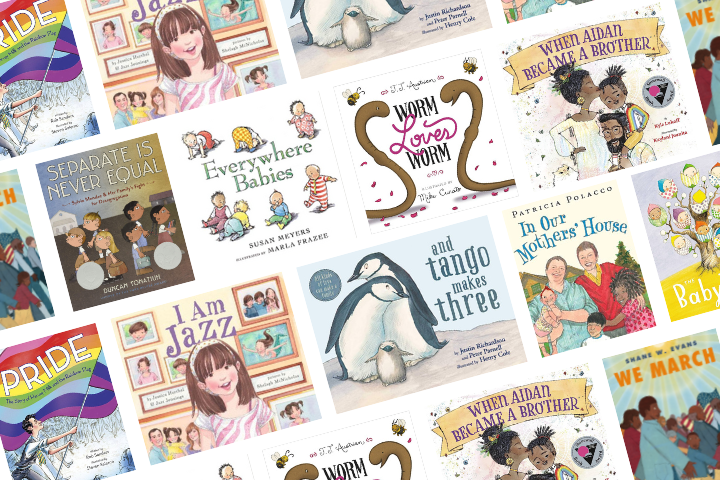 A collage of banned picture books, including titles like “I Am Jazz,” “And Tango Makes Three,” and “Pride,” featuring inclusive stories and colorful illustrations that celebrate diversity.