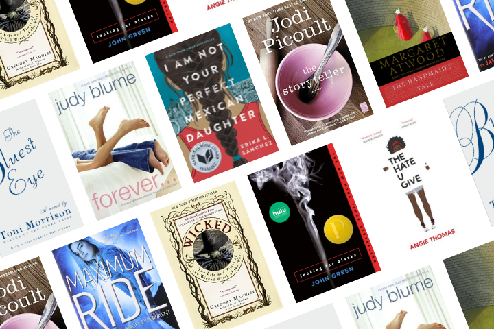 A collage of various popular book covers arranged diagonally, including titles by authors like Jodi Picoult, John Green, Toni Morrison, Margaret Atwood, Judy Blume, and Angie Thomas.