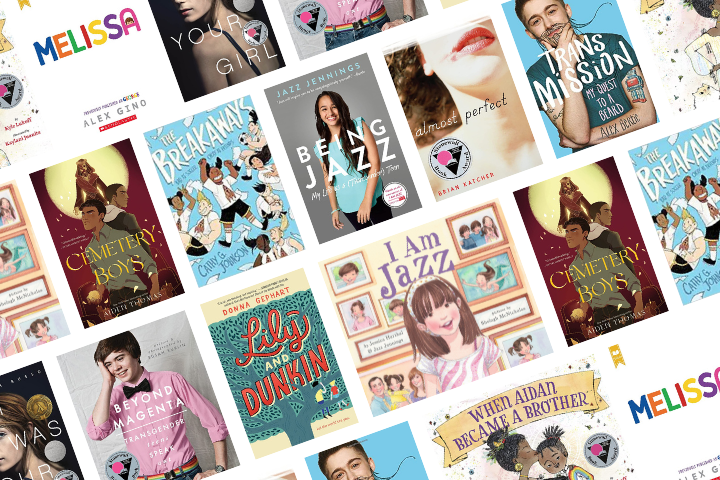 A collage of book covers featuring diverse, colorful designs. Titles like “Melissa,” “I Am Jazz,” and “Cemetery Boys” highlight transgender stories, many of which have appeared on banned book lists for their powerful representation.