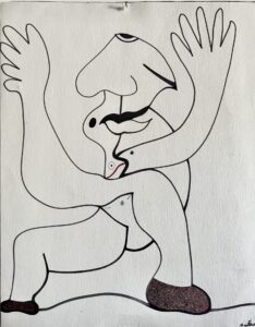 Abstract line drawing of a figure with exaggerated hands as if reaching for prison letters mail, large facial features, and bent legs. The feet are shaded red and black, giving the surreal form a distinctly cubist feel.