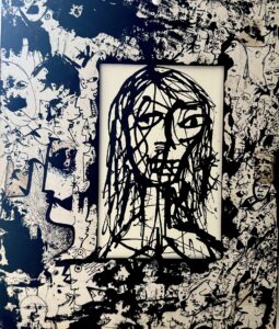 Abstract black ink portrait of a person with long hair, set in the center of a frame filled with chaotic, doodle-like patterns and faces—echoing the raw emotion of prison letters mail—on a white background. The artwork has a rough and expressive style.