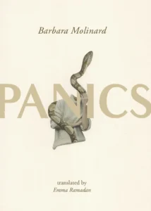 The book cover for Panics by Barbara Molinard features a person in a gray sweater with a large snake in place of their head. The title PANICS is overlaid in bold letters. Translated by Emma Ramadan—read more in the Emma Ramadan interview.