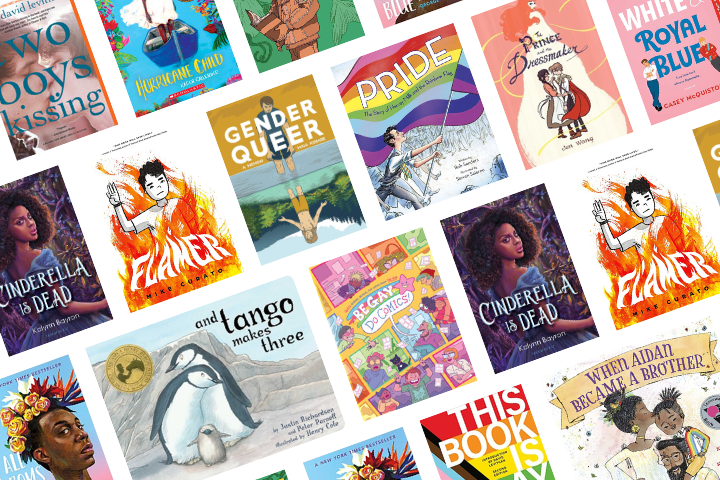 A collage of Pride books, featuring covers of “Gender Queer,” “Pride,” “Cinderella Is Dead,” “Flamer,” “And Tango Makes Three,” and “This Book Is Gay,” representing diverse and LGBTQ+ themes.
