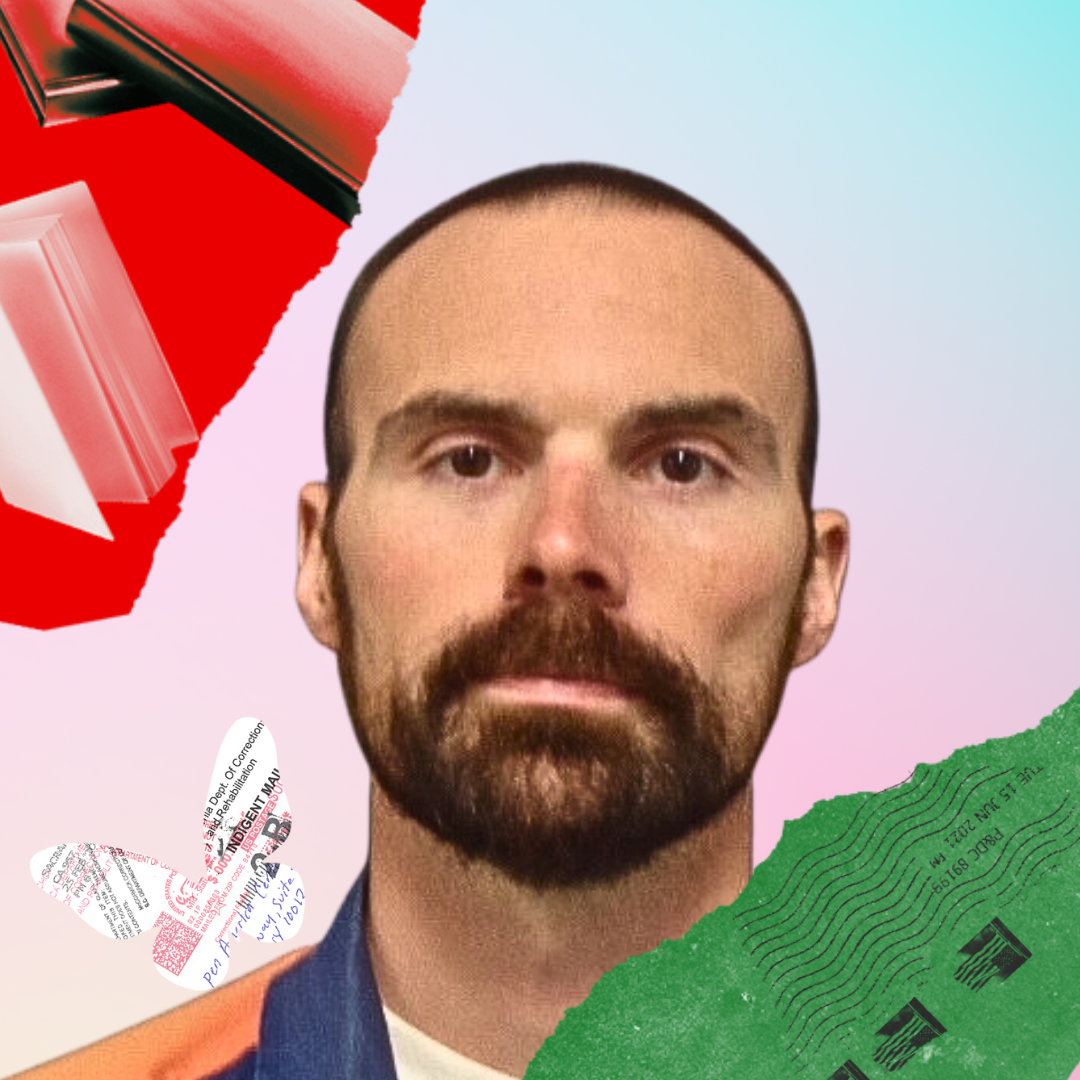 A man with a shaved head and beard—incarcerated writer Daniel Pirkel—stares directly at the camera. The colorful collage backdrop, filled with books and abstract shapes, hints at themes of censorship and restorative justice.