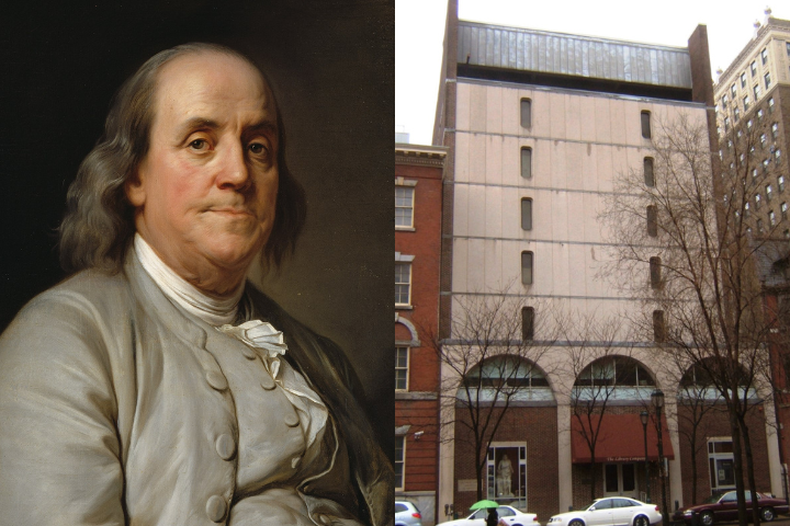 A portrait of Benjamin Franklin in colonial attire is shown on the left; on the right is the modern, windowless facade of the American Philosophical Society Library in Philadelphia.