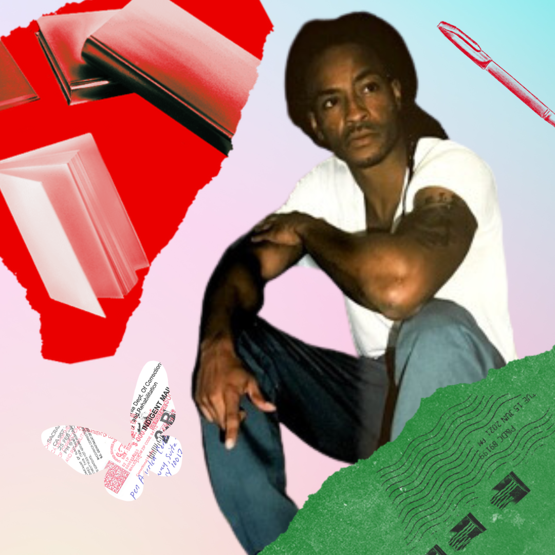 A man in a white t-shirt and blue jeans sits with one arm resting on his knee. The backdrop features red books, a red pen, a butterfly, and green postal stamps—fitting for an incarcerated writer seeking mentorship or a writing guide.