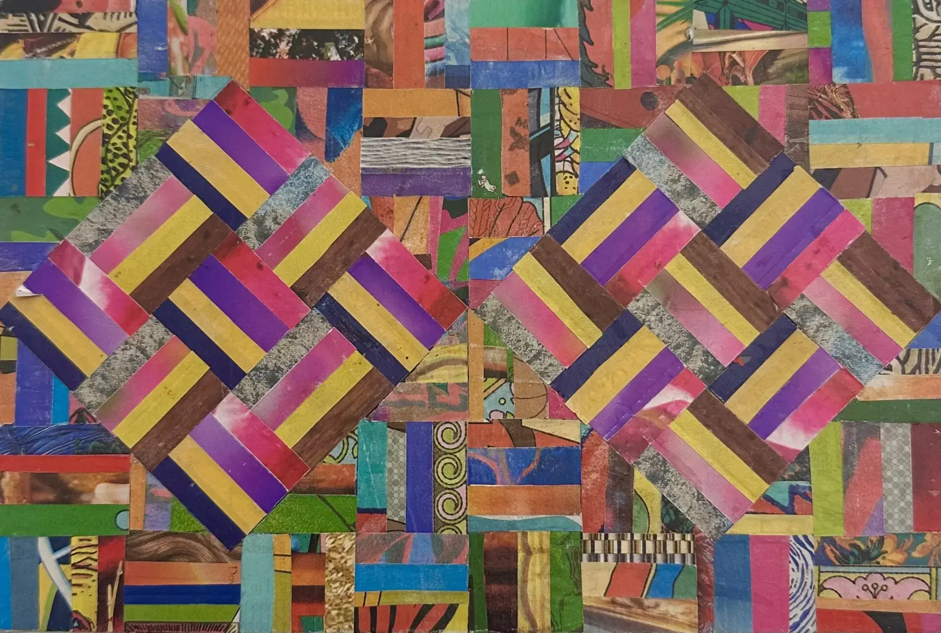 A colorful abstract collage evokes a prison quilt, featuring woven strips of paper in bright hues and patterns. Two diamond shapes formed by diagonal lines sit at the center, set against a patchwork background reminiscent of unsealed mail.
