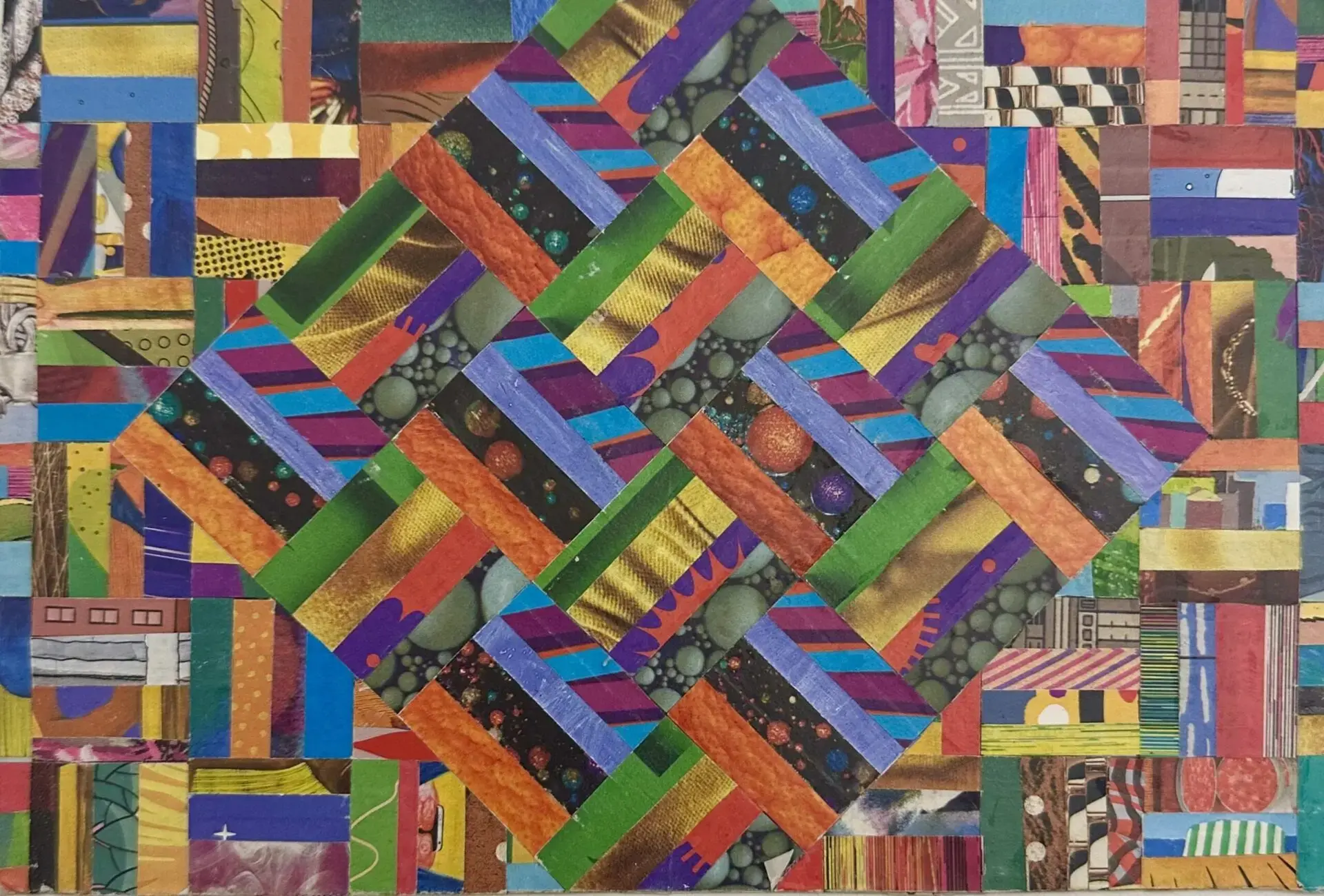 A colorful abstract collage featuring a diamond shape in the center made from strips of vibrant patterns, textures, and colors, resembling an unsealed prison quilt, surrounded by a patchwork border of similarly patterned strips.