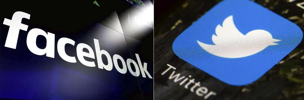 Split image showing the Facebook logo on a dark background on the left, and the Twitter app icon featuring a white bird on a blue background on a device screen on the right.