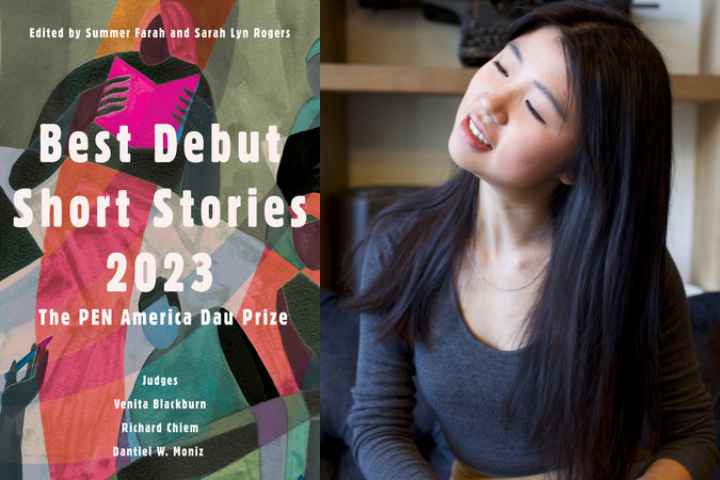 On the left, the book cover of Best Debut Short Stories 2023: The PEN America Dau Prize. On the right, Mengyin Lin, a woman with long dark hair, sits looking up and smiling thoughtfully.