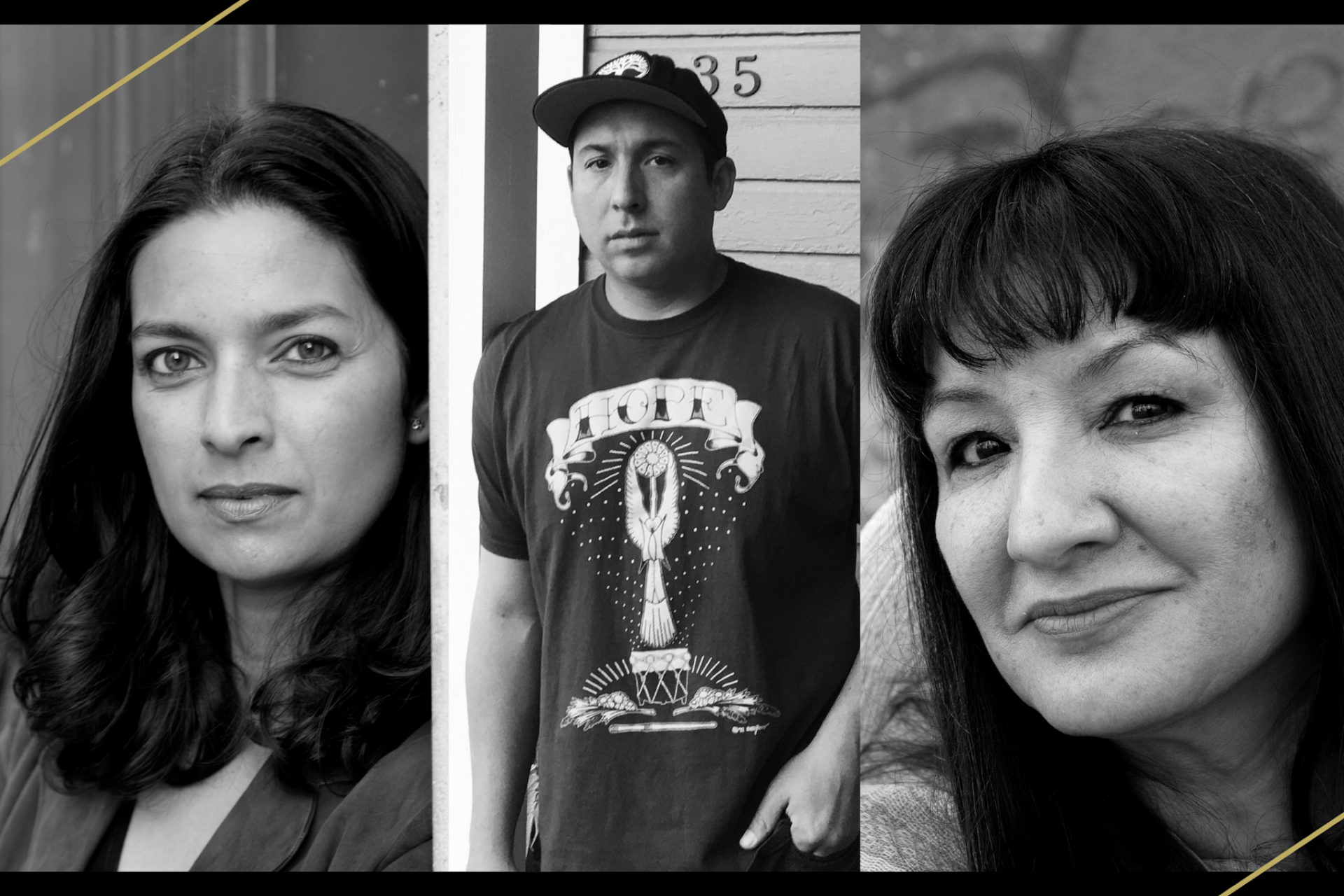 A collage of three black-and-white portraits: a woman with shoulder-length dark hair, a man wearing a cap and graphic t-shirt, and a woman with bangs smiling softly at the camera.