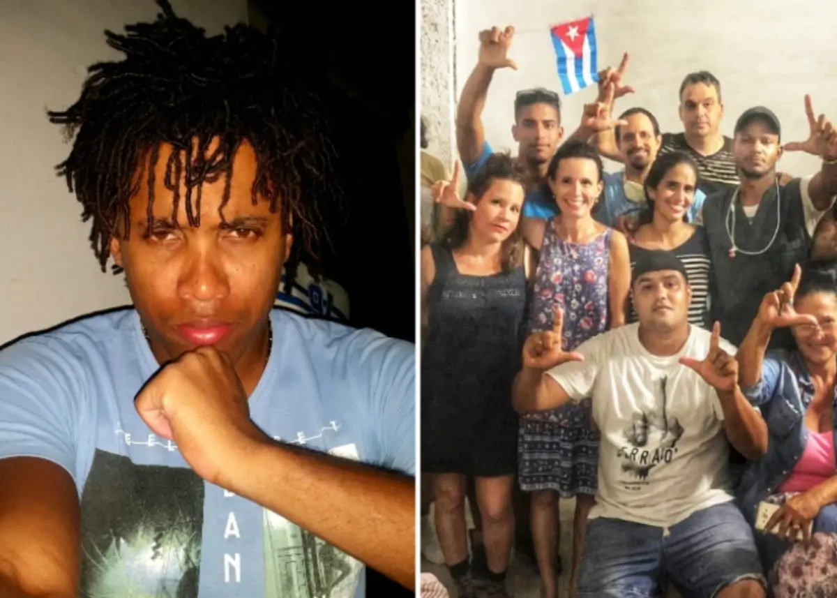 On the left, a person with dreadlocks poses with their fist under their chin. On the right, a group of people stand and sit together, some making an L shape with their fingers, with a Cuban flag on the wall behind them.