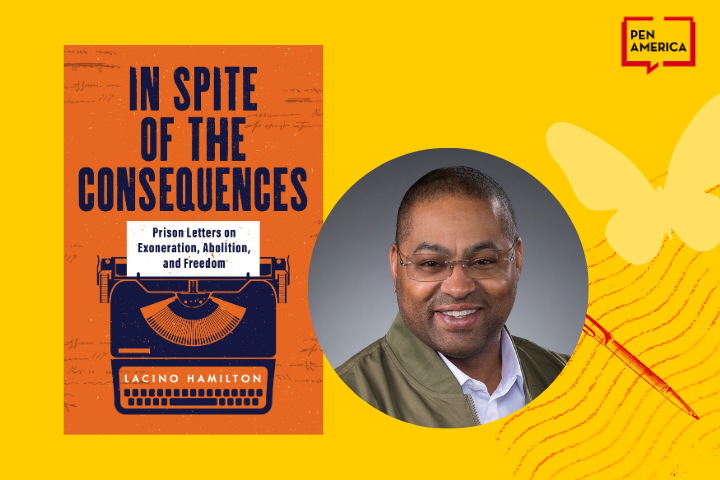 Book cover of “In Spite of the Consequences” by Lacino Hamilton, featuring an orange typewriter and text, beside a smiling man in glasses and jacket, with a yellow PEN America logo, butterfly, and themes of language justice amid incarceration.