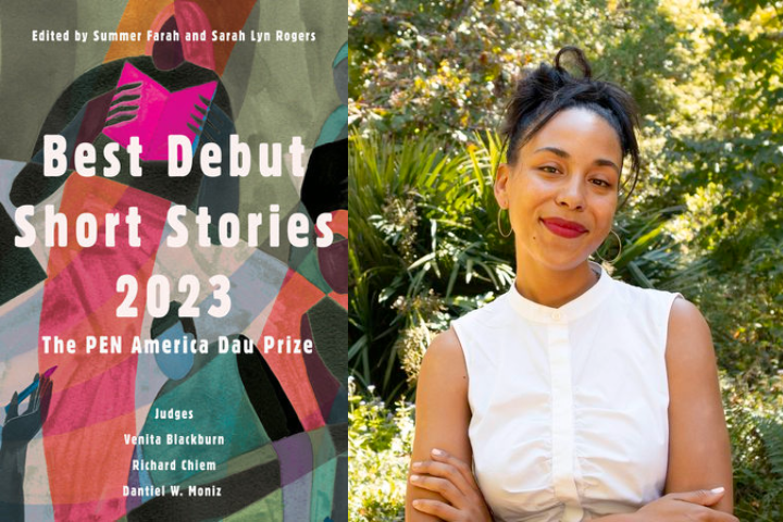 A book cover reading Best Debut Short Stories 2023: The PEN America Dau Prize is on the left; on the right, Dailihana Alfonseca, a woman with dark hair in a white sleeveless top, stands outdoors, smiling gently.