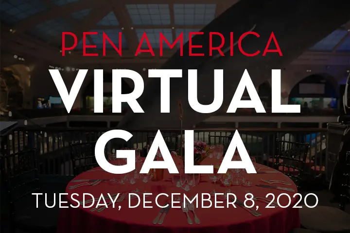 Text reads: PEN America Virtual Gala. Tuesday, December 8, 2020. In the background is a dimly-lit, elegant dining table set for an event.