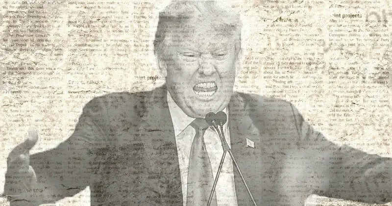 A heavily filtered image of a man in a suit speaking into microphones, with an angry facial expression and arms outstretched, overlaid with faded, textured text resembling old newspaper print.