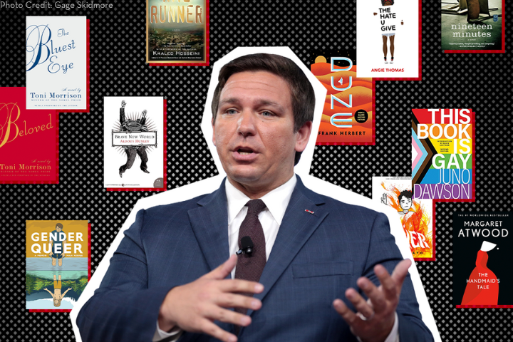 Florida Governor Ron DeSantis speaking, with various Florida-bans-books covers like The Bluest Eye, Dune, The Handmaid’s Tale, and Gender Queer displayed behind him on a black background.