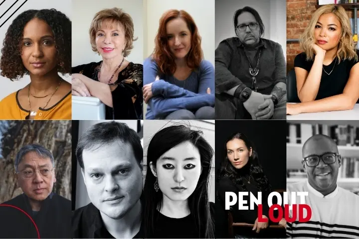 A grid of ten diverse authors, five in the top row and five in the bottom, with the words PEN OUT LOUD overlaid in white and red text in the lower right corner.