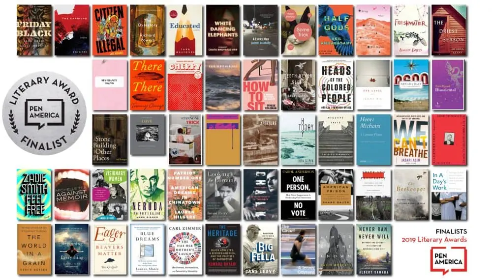 A collage of diverse book covers arranged in a grid showcases the 2019 PEN America finalists. The PEN America Literary Award finalist logo appears twice on the image.