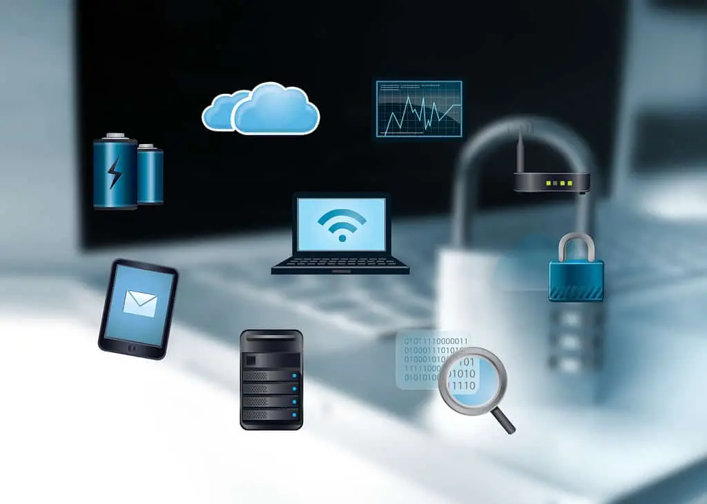 A collage of digital icons—battery, cloud, analytics, laptop, wireless router, email, server, magnifying glass with binary code, and padlock—overlaid on a blurred background of a laptop and padlock.