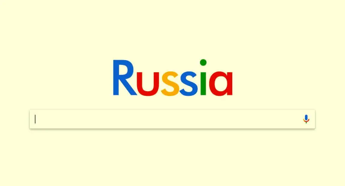 The word Russia is written in the style and colors of the Google logo, above a search bar with a microphone icon on the right, set against a light yellow background.