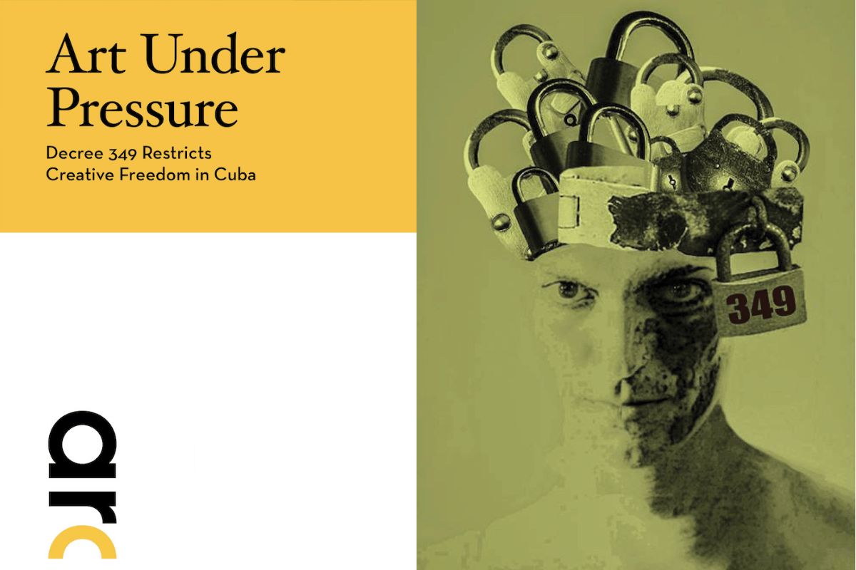 A grayscale image of a person with their head depicted as a collage of locks and chains, symbolizing restriction. Title reads: Art Under Pressure: Decree 349 Restricts Creative Freedom in Cuba.