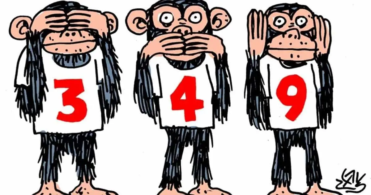 Three cartoon monkeys stand side by side, each wearing a shirt with a large red number (3, 4, and 9). The monkeys cover their eyes, mouth, and ears respectively.