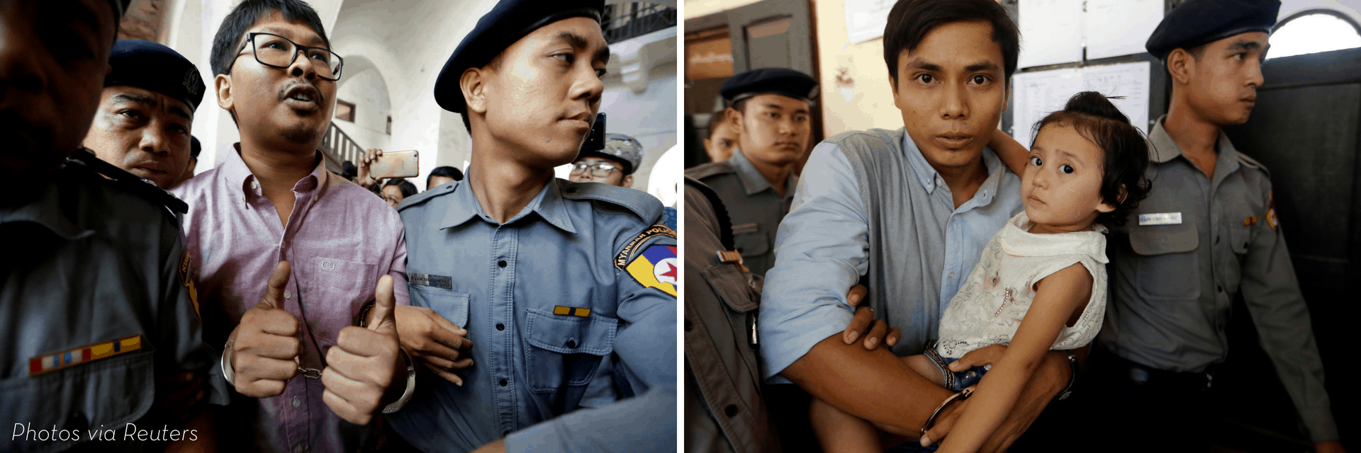Two side-by-side photos: left, police escort a man in glasses and pink shirt with hands cuffed; right, a man holds a small child while flanked by police officers. Both scenes are tense and crowded.