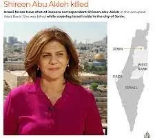 A woman with shoulder-length brown hair wearing a pink shirt stands outdoors with a cityscape in the background. Beside her is a map highlighting Jenin in the West Bank region. Text reports her killing.